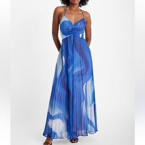 Express Printed V-Neck Cross Back Maxi Dress Pleated Blue Small Like New